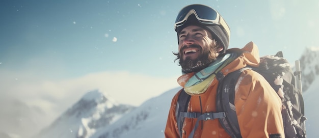 un skieur avec des skis et des lunettes sourit dans la neige