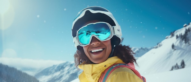 un skieur avec des skis et des lunettes sourit dans la neige