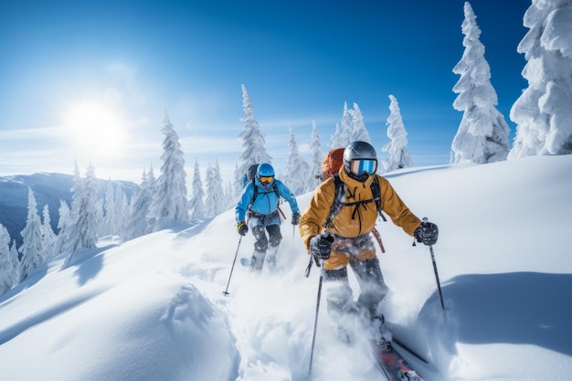 Skieurs explorant la neige poudreuse intacte Créé avec la technologie IA générative