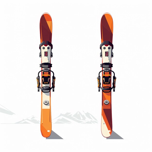 Photo skieurs skis avec des skis orange et blancs et des poteaux avec des montagnes en arrière-plan