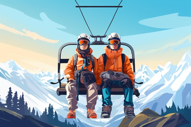 skieurs sur une télésiège avec des montagnes en arrière-plan.