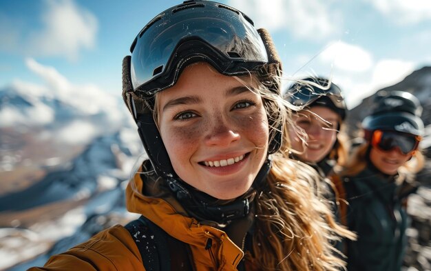 Photo skieuse avec des amis avec des lunettes de ski et un casque de ski sur la montagne enneigée