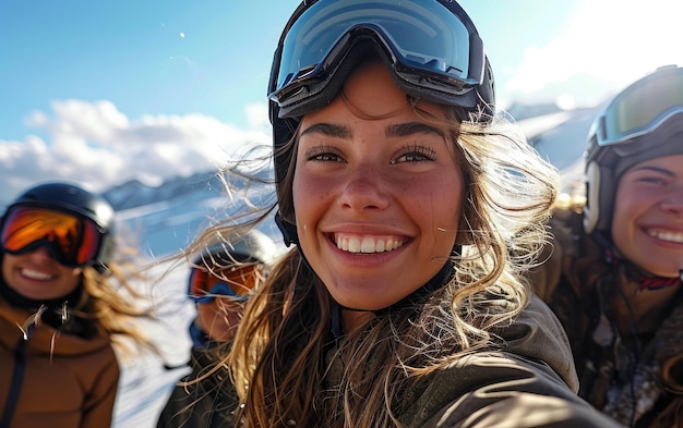 skieuse avec des amis avec des lunettes de ski et un casque de ski sur la montagne enneigée