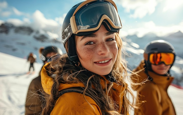 skieuse avec des amis avec des lunettes de ski et un casque de ski sur la montagne enneigée