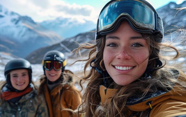 skieuse avec des amis avec des lunettes de ski et un casque de ski sur la montagne enneigée