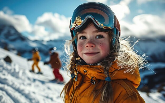 skieuse avec des amis avec des lunettes de ski et un casque de ski sur la montagne enneigée