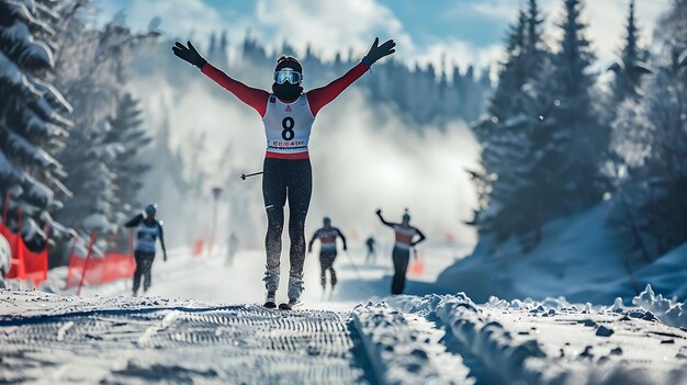 Photo une skieuse de fond glisse à travers la forêt couverte de neige avec les bras levés en signe de victoire.