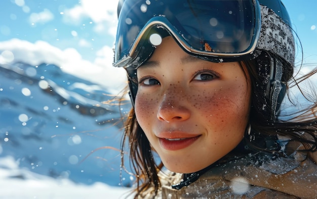 skieuse avec des lunettes de ski et un casque de ski sur la montagne enneigée