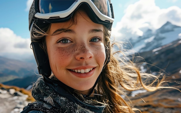 skieuse avec des lunettes de ski et un casque de ski sur la montagne enneigée