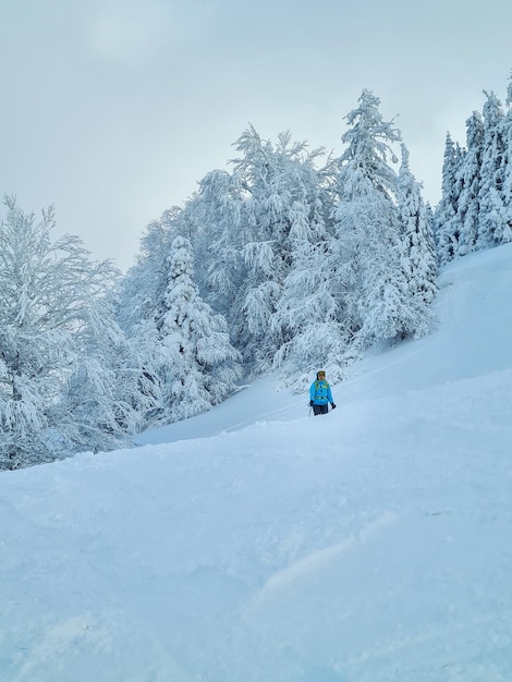 Skieuse souriante à l'espace de copie du jour de la poudreuse