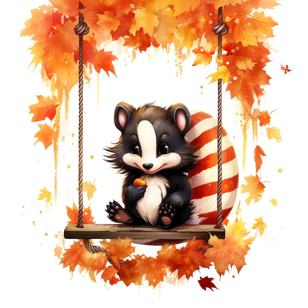 Skunk sur swing dans les bois d'automne