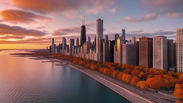 Skyline de Chicago au coucher du soleil avec des gratte-ciel et le lac Michigan USA Generative AI