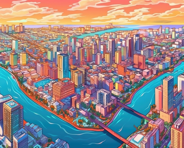 Skyline colorée de la ville au bord de la rivière Generative AI
