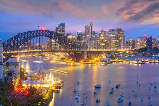 Skyline Du Centre-ville De Sydney En Australie Depuis La Vue De Dessus Au Coucher Du Soleil