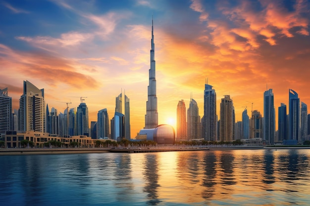 Skyline de Dubaï au coucher du soleil Émirats arabes unis Moyen-Orient Magnifique centre-ville de Dubaï au coucher du soleilDubaïÉmirats arabes unis AI généré