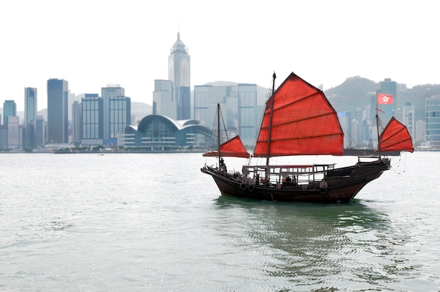 Skyline de Hong Kong avec bateau jonque traditionnel