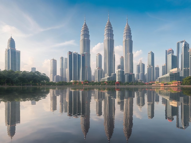 Skyline de Kuala Lumpur avec bâtiments gris et reflets