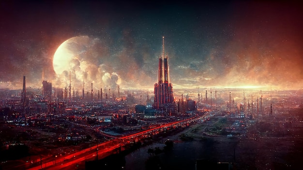 Skyline de la métropole futuriste sur l'exoplanète adaptée à l'illustration de l'art de la vie