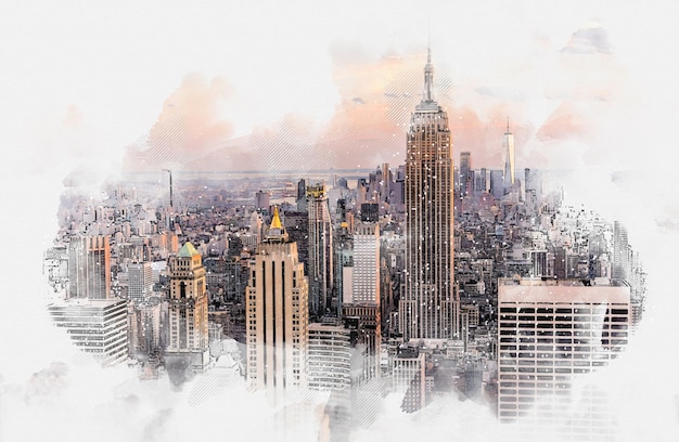 Skyline de new york city avec dessin aquarelle de gratte-ciel