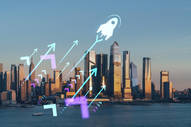 Skyline de New York depuis le New Jersey au-dessus de la rivière Hudson Gratte-ciel Hudson Yards au coucher du soleil Manhattan Midtown Startup lance un projet pour rechercher et développer un hologramme de modèle d'entreprise évolutif