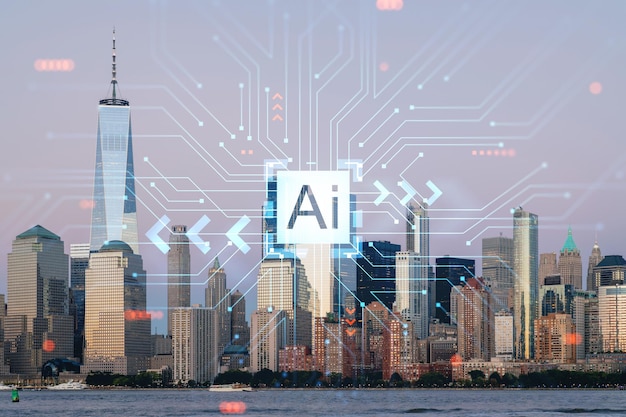 Skyline of New York City Financial Downtown Gratte-ciels au coucher du soleil Manhattan NYC USA Vue depuis le New Jersey Concept d'intelligence artificielle hologramme AI machine learning réseau de neurones robotique