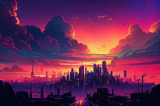 Skyline de la ville au crépuscule avec des couchers de soleil colorés et des nuages en arrière-plan