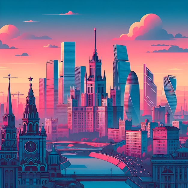 Skyline de la ville dégradé vecteur plat Moscou
