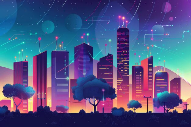 Photo skyline de la ville illustration abstraite papier peint d'arrière-plan données de télécommunication dans un arrière-plan de la ville
