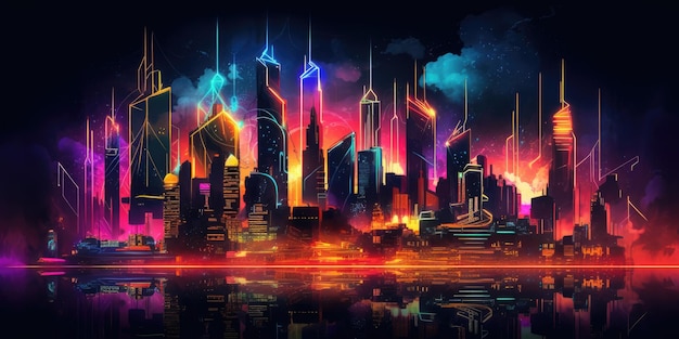 Photo skyline de la ville néon cyberpunk sur fond sombre belle ia générative aig32