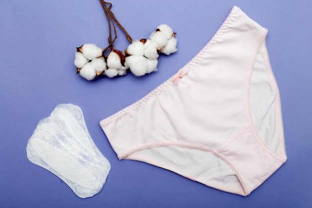 Slip femme rose avec coton fleuri et protège-slips sur fond violet