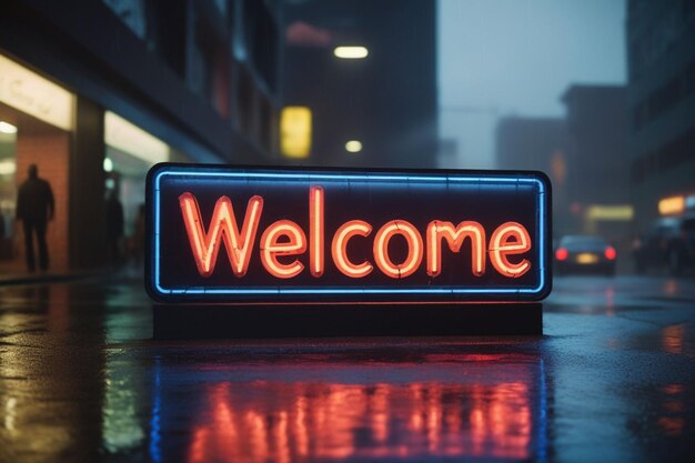 Slogan bienvenue effet de texte de panneau lumineux au néon sur une composition horizontale de rue de nuit pluvieuse