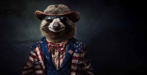Sloth capricieux équiper le drapeau américain célébrant la célébration du 4 juillet dans un style génératif ai