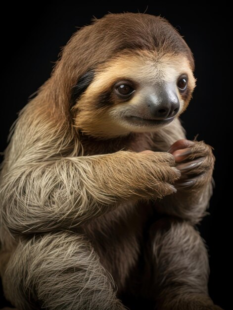 Photo sloth studio shot isolé sur un fond noir clair ia générative