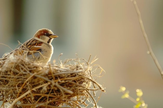 Photo small bird perched on pile of hay