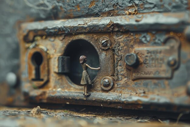 Photo small woman carries the key to open the lock