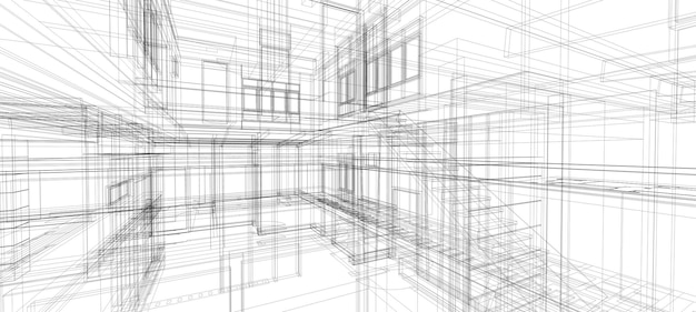 Smart city living house wireframe render architecture de conception 3d intérieur espace intelligent abstrait technologie numérique VR définir avec une ligne noire sur fond blanc