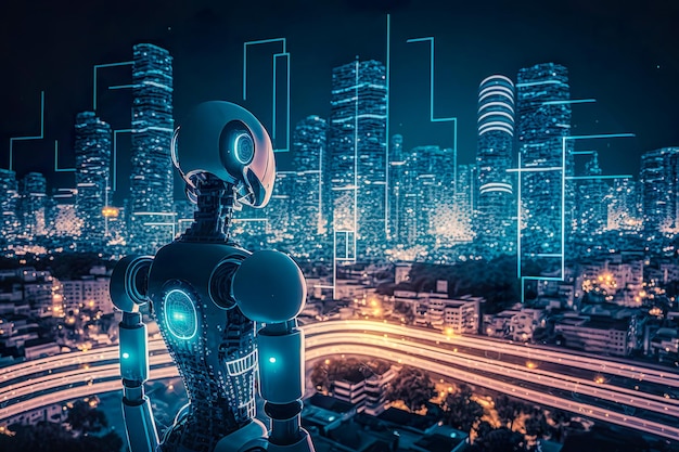 Smart City avec système de robot intelligence artificielle Chat GPT chatbot AI Discuter avec un chatbot intelligent d'IA ou d'intelligence artificielle développé par OpenAI Generate AI
