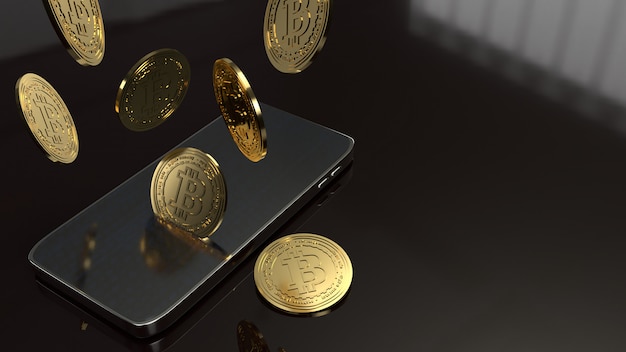 Smart phone et bitcoin rendu 3d pour le concept d'entreprise.