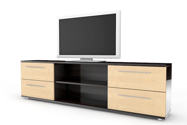 Smart Tv sur une commode sur fond blanc