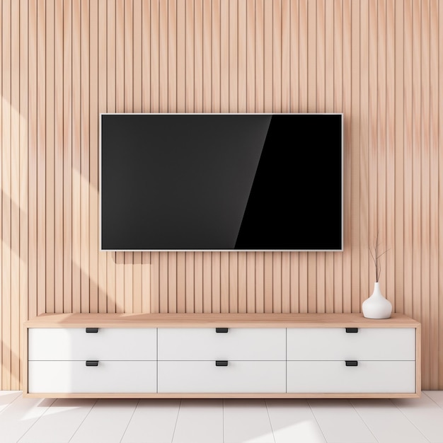 Smart Tv Mockup accroché au mur en bois, salon. rendu 3d