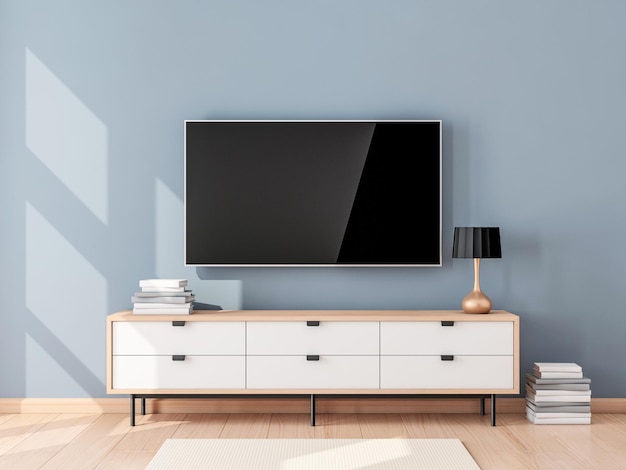 Smart Tv Mockup avec écran vierge accroché au mur dans un salon moderne. rendu 3d