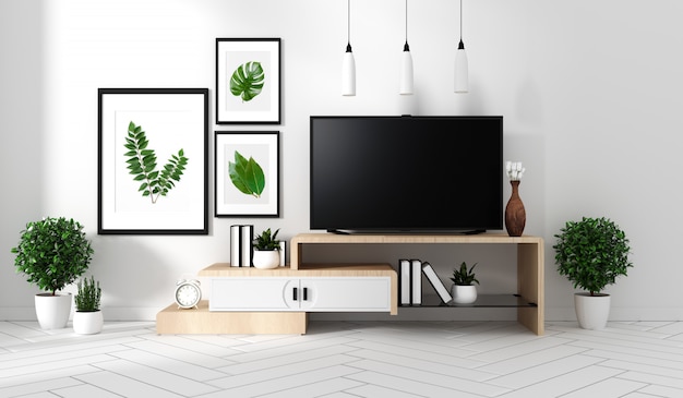 Smart Tv sur la renommée et la décoration des meubles, style zen du salon moderne. Rendu 3d