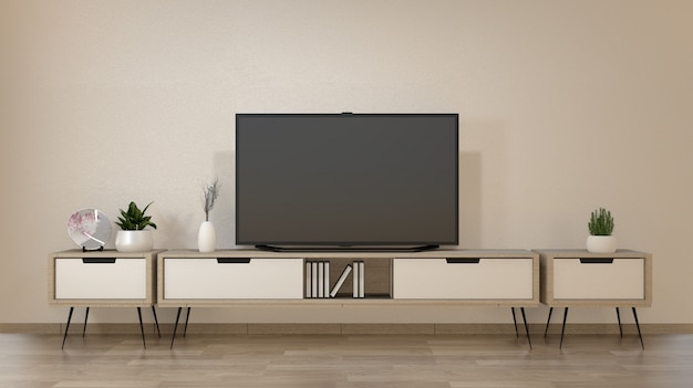 Smart Tv sur le salon zen avec un style minimal de décoration. Rendu 3d