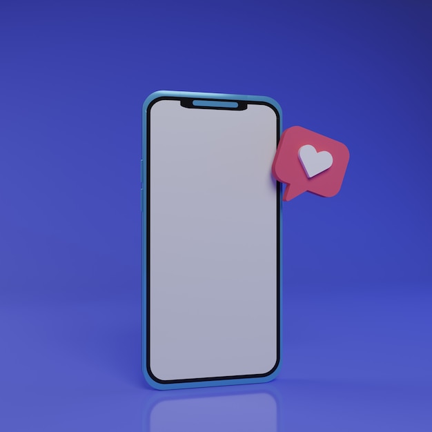 Smartphone 3D avec amour flottant sur fond bleu