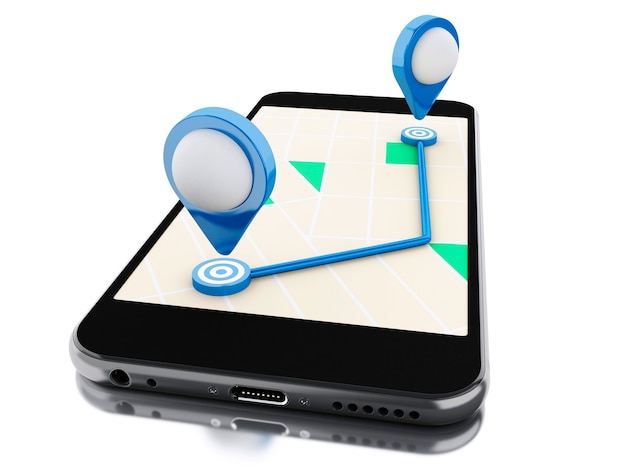 Smartphone 3D avec une carte, un pointeur bleu et un itinéraire planifié à l'écran.