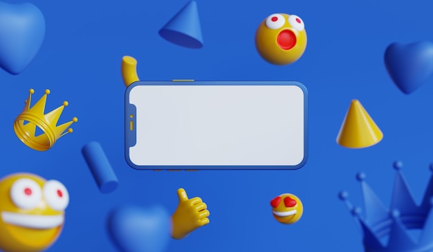 Smartphone 3D isolé et Emoji avec fond bleu. Photo de maquette de téléphone portable