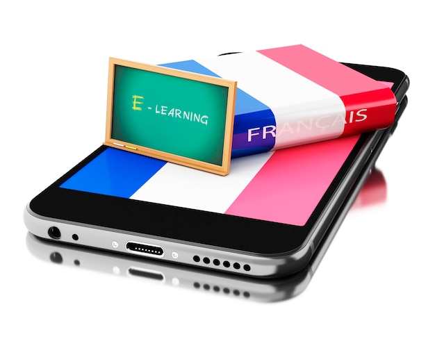 Smartphone 3D avec livre français. Apprendre des langues.