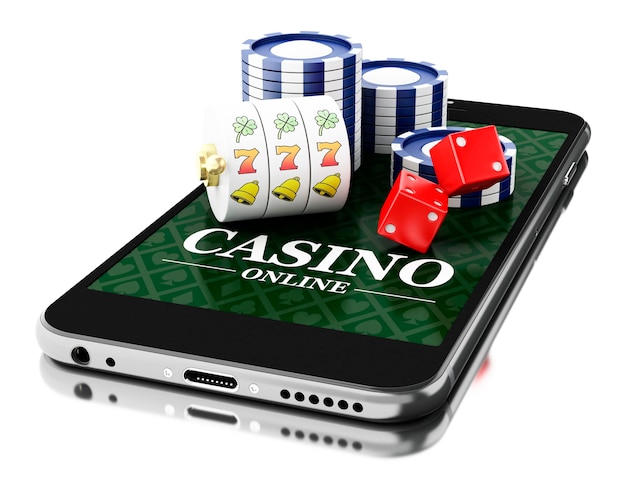 Smartphone 3D avec des pièces et des dés. Concept de casino en ligne.