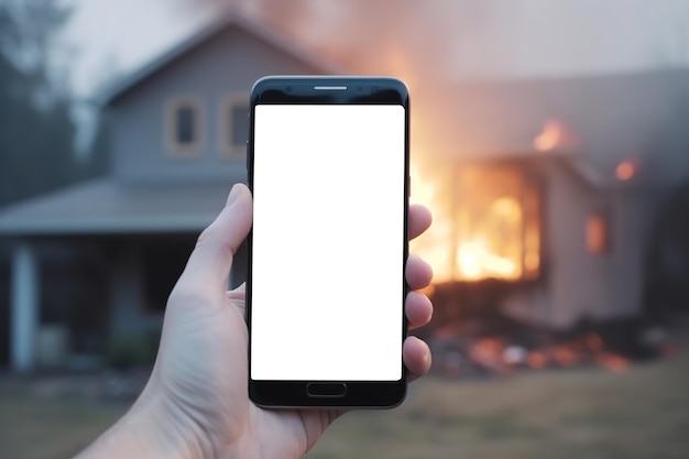 smartphone avec et appel d'urgence à cause de la maison en feu Generative Ai