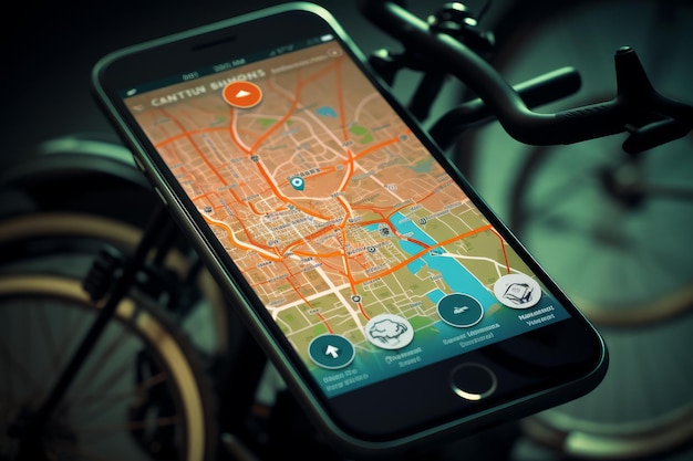 Photo smartphone avec application de navigation gps monté sur vélo